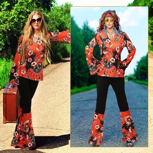 Vista 7 de Jiuguva Conjunto de 17 piezas de disfraz hippie de los años 60 y 70 para mujer, vestido de discoteca, pantalones bohemios, acampanados, camisa