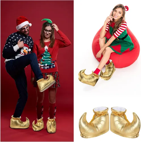 Vista 6 de 2 pares de zapatos de elfo, disfraz de elfo de Pascua, zapatos de bufón para mujeres, hombres, Pascua, niños, adultos, disfraz de fiesta de tela