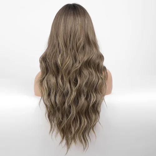 Vista 4 de HAIRCUBE - Peluca marrón con reflejos rubios, peluca larga y rizada con flequillo, peluca marrón de apariencia natural, peluca sintética resistente