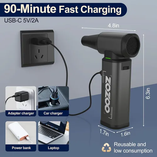 Vista 4 de Plumero de aire comprimido, 180000 rpm, potente plumero eléctrico inalámbrico con motor sin escobillas y luz LED, ventilador de polvo recargable