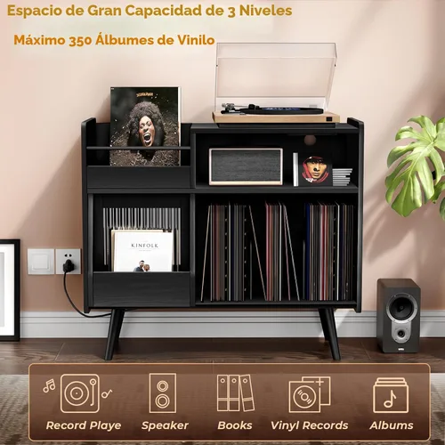 Vista 3 de Soporte grande para tocadiscos con puerta corredera, gabinete de almacenamiento para 350 discos de vinilo, mesa para tocadiscos con toma