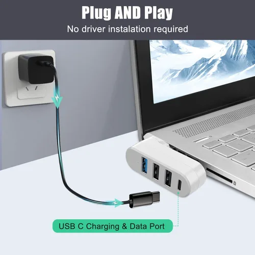 Vista 6 de VIENON Hub USB 3.0 de 4 puertos [90/180 giratorio], divisor USB con 3 puertos USB y 1 puerto USB C de alimentación/datos, extensor USB
