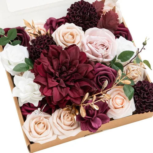Vista 10 de Ling's moment Combo de flores artificiales de boda, caja de vegetación falsa para ramos de bricolaje, centros de mesa, decoración de espuma de rosa
