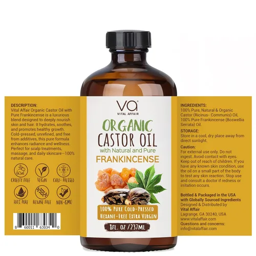 Vista 6 de VITAL AFFAIR Aceite orgánico de mezcla de ricino e incienso - 100% puro y natural, prensado en frío, sin refinar en botella de vidrio. Aceite