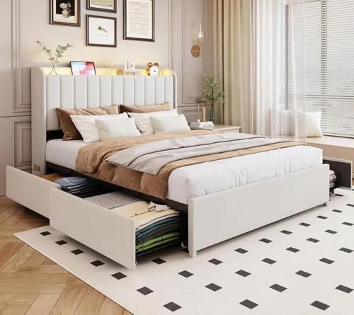 Vista 14 de Marco de cama completa con 4 cajones y cabecera de almacenamiento, marco de cama de plataforma tapizada tamaño completo con luces LED y práctica