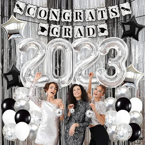 Vista 8 de KatchOn, Decoraciones de fiesta de graduación plateadas 2023 – Gaint de 40 pulgadas, paquete de 43 Cartel de graduación de felicitaciones