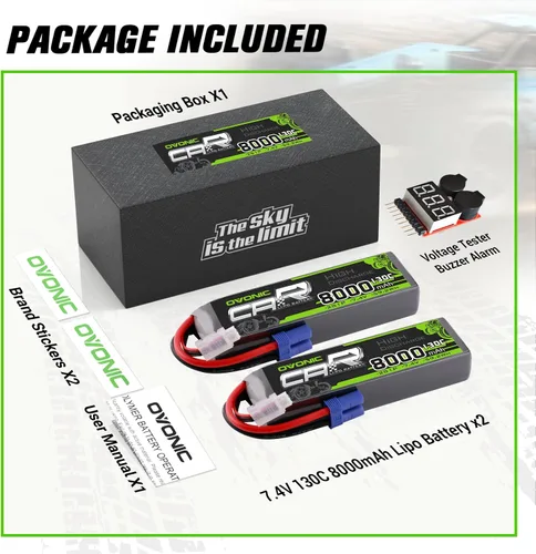 Vista 6 de OVONIC 2S LiPo Batería 8000mAh 7.4V 130C RC Batería con conector EC5 (paquete de 2) (con comprobador de voltaje Lipo)