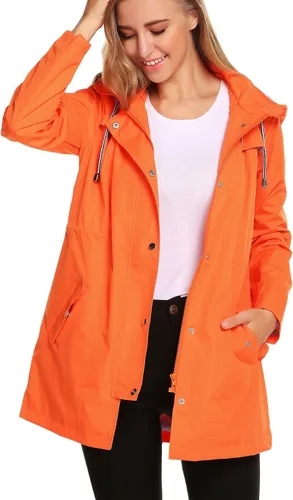 Vista 4 de ZHENWEI Chaqueta impermeable, ligera, con capucha, uso activo, para exteriores, forrada para lluvia, larga, S-XXL, para mujer