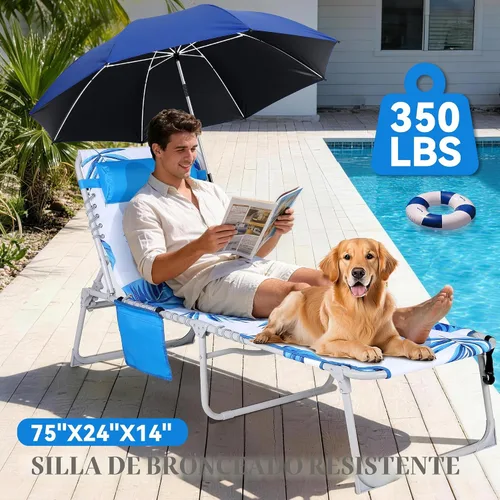 Vista 8 de Luxfero Sillón de playa 3 en 1 con paraguas, silla de bronceado solar con orificio para la cara y reclinable de 5 posiciones, silla plegable