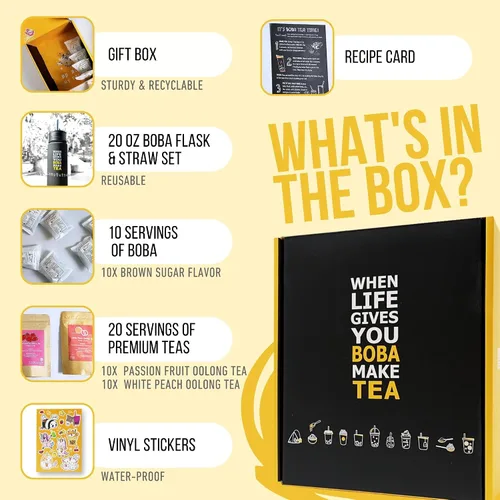 Vista 2 de YUMBUCHA Kit de Boba - DIY Té de Burbujas - 20 Bebidas - Botella de Acero Inoxidable Reutilizable y Pajita, Perlas de Azúcar Moreno de Tapioca