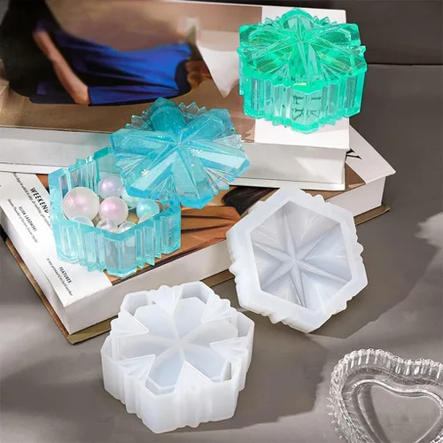 Vista 4 de Molde de resina para caja de copo de nieve, molde de silicona para tarro de joyería de Navidad con tapa, molde de fundición epoxi