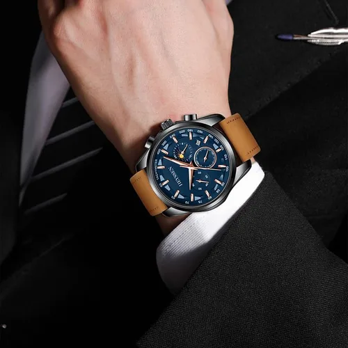 Vista 5 de Watches for Men Chronograph Analog Luminous Quartz Watch Blue Black Luxury Genuine Leather Mens Watches Business Sports Waterproof Wristwatch