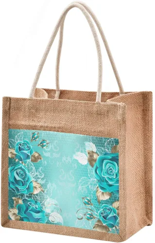 Vista 4 de Eionryn Bolsa de arpillera de yute de gnomo de invierno de Navidad, bolsa de compras reutilizable para comestibles, Turquesa(Turquoise Rose)