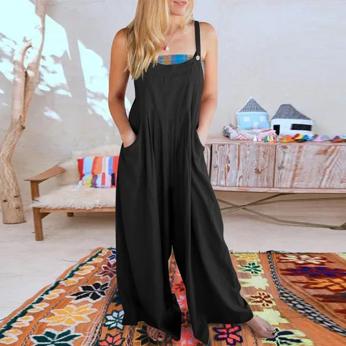Vista 4 de HUANKD Enterizo para mujer, de verano, casual, color sólido, suelto, retro, de lino, de algodón, para vacaciones