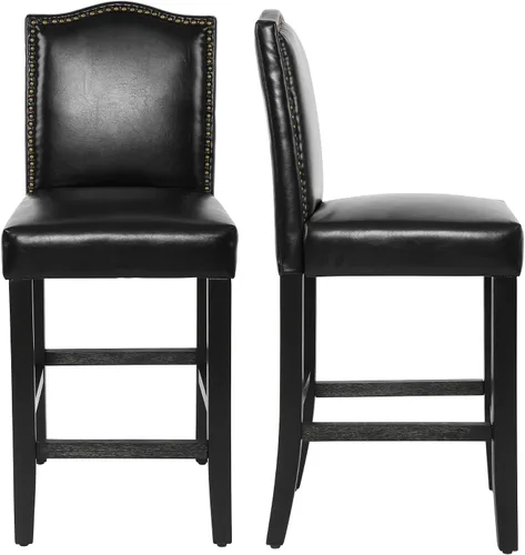 Vista 17 de LSSPAID Juego de 2 taburetes de bar, de 28.5 pulgadas, modernos tapizados de tela, taburetes de bar con respaldo de cabeza de clavo y patas de Beige