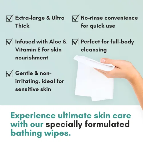 Vista 5 de Nurture XL - Toallitas corporales ultra gruesas para adultos con aloe 120 paños desechables extra grandes de limpieza húmeda sin enjuague, ducha