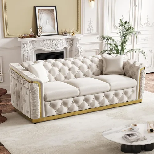 Vista 15 de Sofá de dos plazas Chesterfield de terciopelo de 62.2 pulgadas, sofá de lujo blanco y dorado, beige Gris