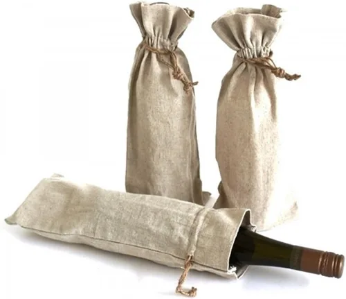 Vista 2 de Bolsas de vino de lino natural con cordones - Paquete de 12
