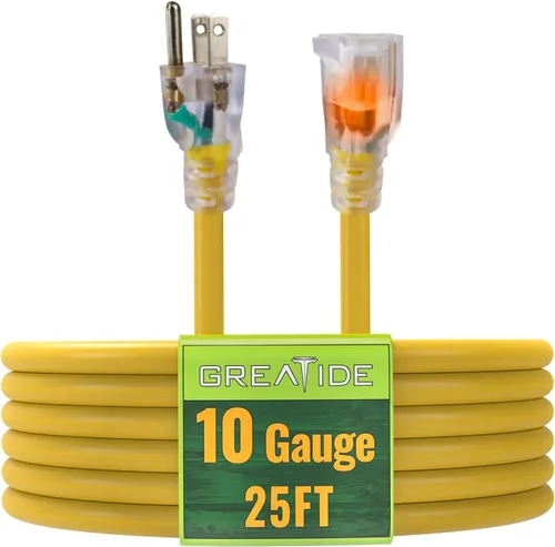Vista 8 de Cable de extensión iluminado para exteriores de 10 pies - Cable de extensión amarillo resistente SJTW 10/3 con enchufe a tierra de 3 puntas