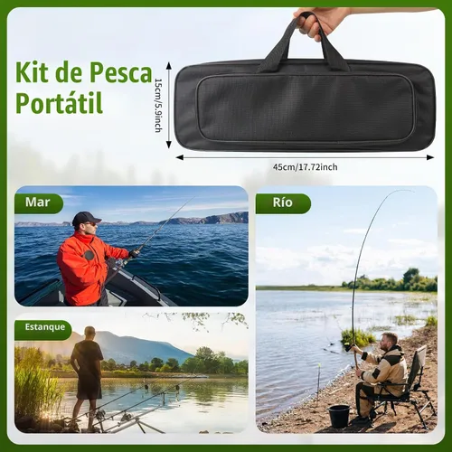 Vista 6 de Combo de carrete de caña de pescar, 2 cañas de pesca telescópicas de 6.89 pies, 2 carretes giratorios, juego de alicates de pesca con bolsa