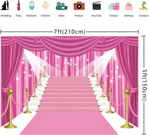 Vista 7 de Telón de fondo de alfombra rosa de 7 x 5 pies, cortina de estrellas para fiesta, fotografía, fondo de niña, dama, fiesta, disfraz, estudio