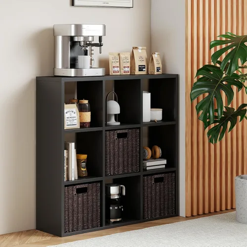 Vista 14 de Organizador de almacenamiento vertical de 2 cubos de metal, estantería corta negra con espalda abierta, estante de almacenamiento de cubo pequeño