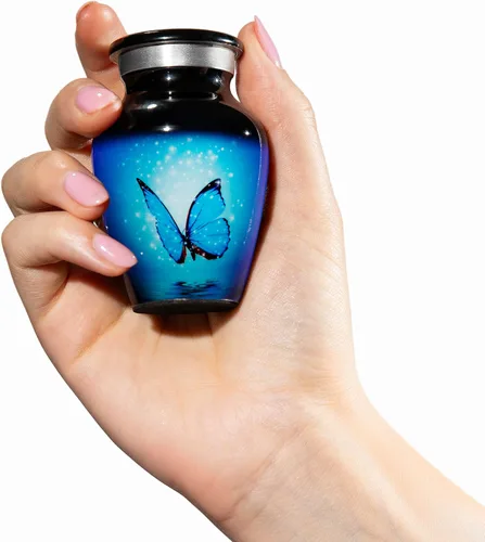 Vista 7 de Urna de cremación de mariposa azul para cenizas humanas, homenaje conmemorativo personalizado en azul brillante, nombre y fechas personalizados