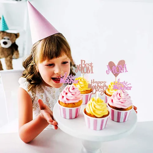 Vista 9 de Ercaido - Paquete de 48 adornos para cupcakes para el Día de la Madre con purpurina de oro rosa con purpurina para el Día de la Madre para la mejor