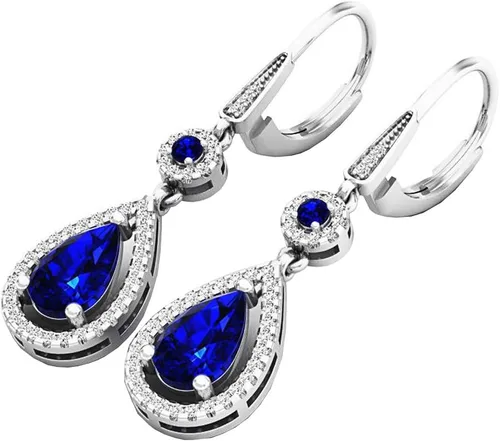 Vista 4 de Dazzlingrock Collection 14K 8X5 MM Each Lab Created Round & Pear Gemstone & Round Diamond Teardrop Dangling Earrings, White Gold