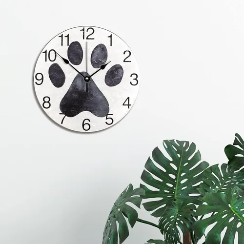 Vista 4 de Reloj de pared con estampado de pata de perro negro, reloj de madera de 10 pulgadas, silencioso, sin tictac, funciona con pilas, para sala de estar