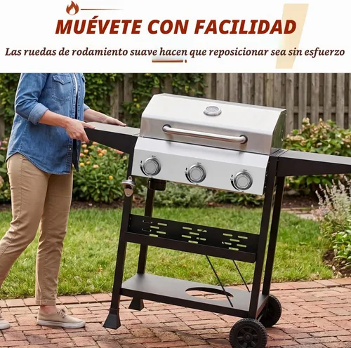 Vista 5 de 3-Burner Propane Gas Grill, 36000 BTU for BBQ,Portable with Wheels&Hood Even& powerful heat distribution with independent control,folding side