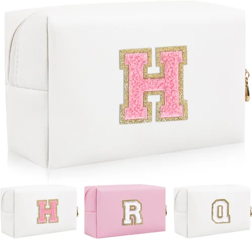 Vista 34 de Bolsa de maquillaje con parche de letra inicial personalizada, bolsa de cosméticos de chenilla preppy con letra de chenilla con cremallera, Y