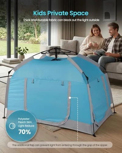 Vista 4 de Casa de juegos para niños fácil de instalar con bonita tira de luces LED y 3 aberturas grandes, carpa de juego portátil para niños y habitación