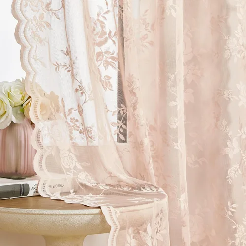 Vista 19 de Cortinas de encaje beige, juego de 2 paneles de cortinas traslúcidas con bolsillo para cortinero, decoración de ventana pequeña, baño, sótano