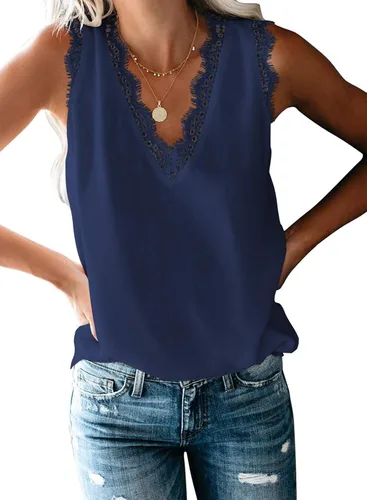 Vista 54 de VIISHOW - Camiseta sin mangas, sexy, con cuello en V y bordes de encaje para mujer, camisola de vestir, camisas de gasa, sin mangas, casuales