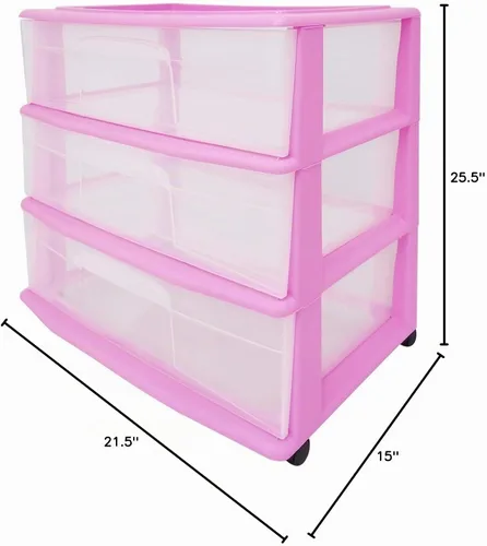 Vista 2 de HOMZ Carrito ancho de almacenamiento de plástico con 3 cajones, color morado