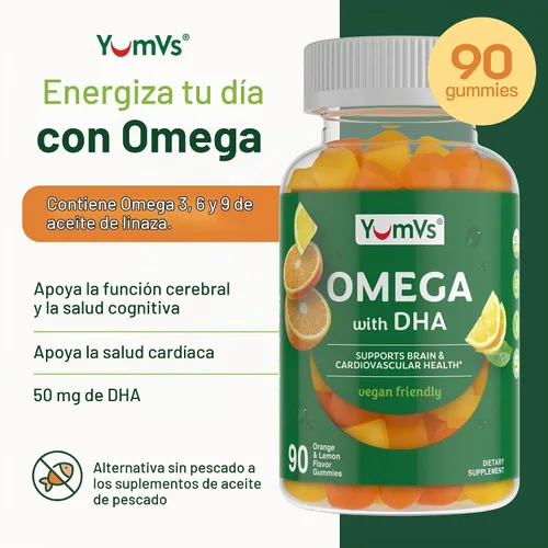 Vista 3 de YUM-V'S - Gomitas veganas Omega-3 DHA, limón y naranja (90 unidades) Soporte para el cerebro, los ojos y el corazón con DHA de algas y linaza