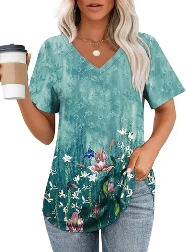 Vista 10 de OFEEFAN Camisetas básicas de manga corta con cuello en V para mujer, ajuste holgado, con dobladillo curvado B-verde
