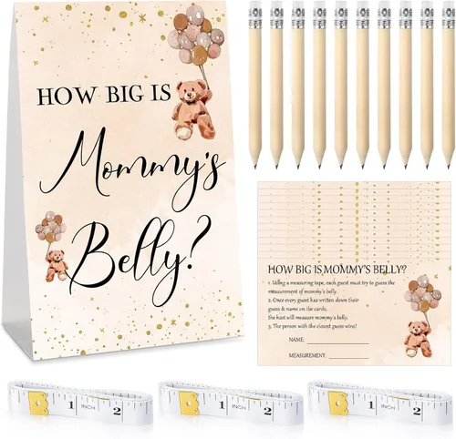 Vista 74 de Sabary 64 Piezas Juegos de Baby Shower Incluyen Letrero How Big is Mommy's Belly Sign Measure Bump Game 50 Tarjetas 10 Lápices 3 Cintas Métricas