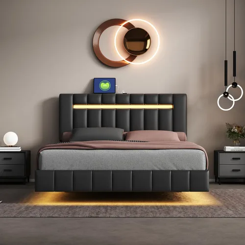 Vista 40 de Cama de plataforma flotante, marco de cama de madera tamaño individual con rayas claras, tela de lino suave y cabecera de diseño capitoné