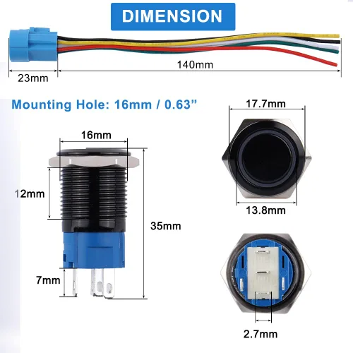 Vista 4 de 2 piezas de interruptor de botón de cierre antivandálico de metal impermeable de 0.630 in, carcasa negra autobloqueante con enchufe precableado