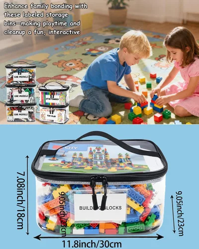 Vista 4 de Paquete de 6 bolsas de almacenamiento transparentes extra grandes con etiqueta y bolsillo, bolsas organizadoras versátiles impermeables para libros