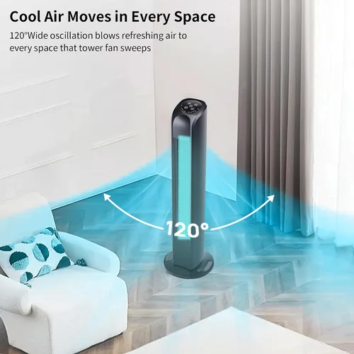 Vista 6 de Uthfy Ventilador de torre oscilante para dormitorio, ventilador de pie portátil con control remoto, 3 modos, 3 velocidades, temporizador de 7.5