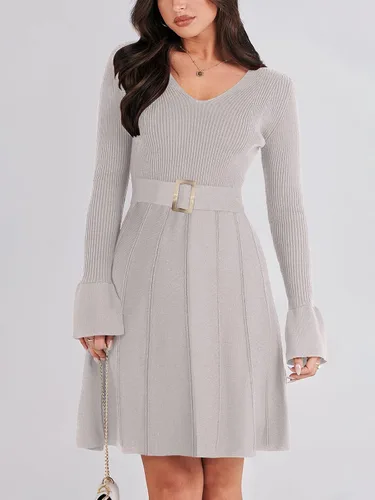 Vista 2 de ANRABESS Vestido tipo suéter de manga larga con cuello en V y lazo en la cintura, plisado, acampanado, elegante, de punto acanalado, vestido midi