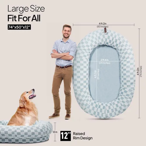 Vista 6 de Cama humana para perros de 74 x 50, tumbona impermeable de espuma viscoelástica, rejilla azul Cama de espuma viscoelástica de gran