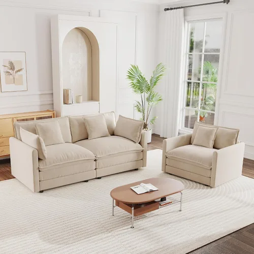 Vista 12 de mikibama Juego de sofá biplaza y sillón de lujo de 2 piezas, moderno juego de sofás nube tapizados de chenilla con 5 almohadas para sala de estar