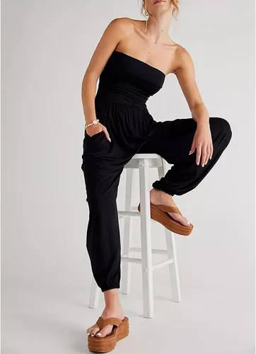 Vista 3 de Amiblvowa Mono sexy de tubo sin tirantes para mujer, pantalones holgados de cintura alta, hombros descubiertos, harén, ropa de calle