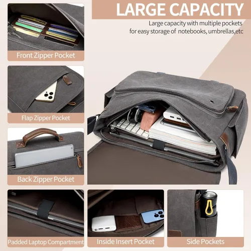 Vista 5 de Laptop Messenger Bag for Men, 17 inch Water-resistant Canvas Laptop Shoulder Business Briefcase Bag