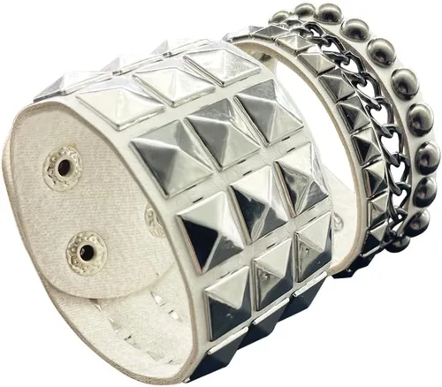 Vista 7 de Pulsera punk para hombres y mujeres, pulsera de cuero gótica con tachuelas de metal