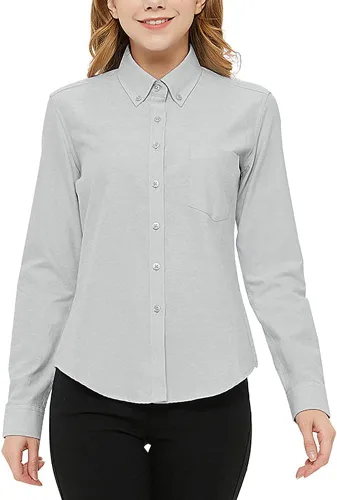 Vista 16 de Camisa con botones para mujer de manga larga Oxford camisa de algodón de corte clásico, blusa de trabajo resistente a las arrugas